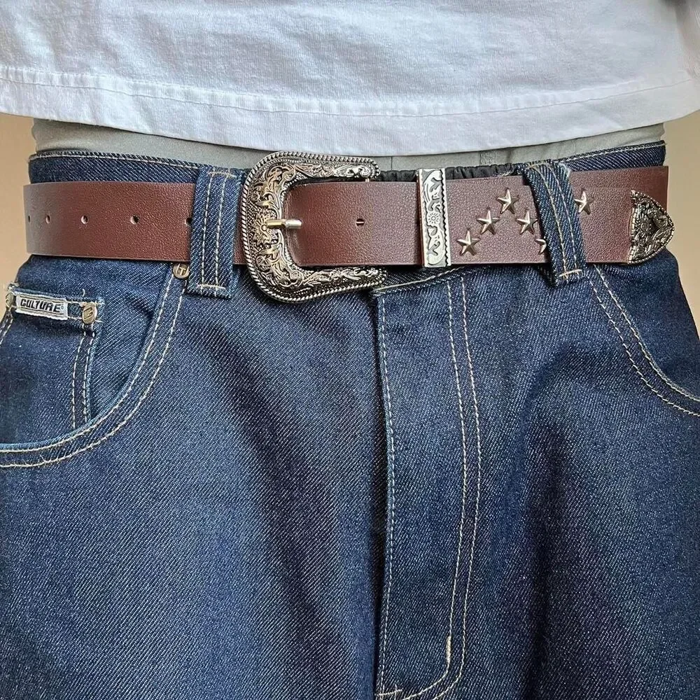 y2k brown american western cowboy boho star studded belt